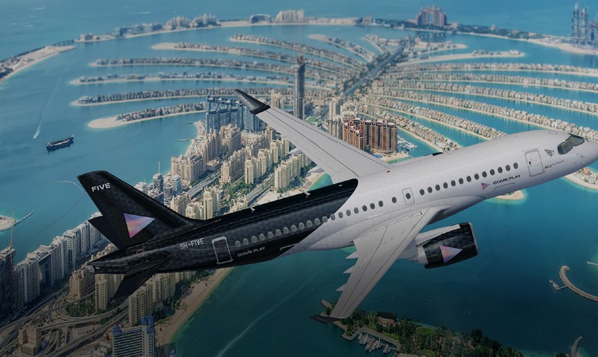 Eine Visualisierung des ACJ Two Twenty über Dubai, wo die die Firma Five von Kabir Mulchandani ihre Hotels hat.