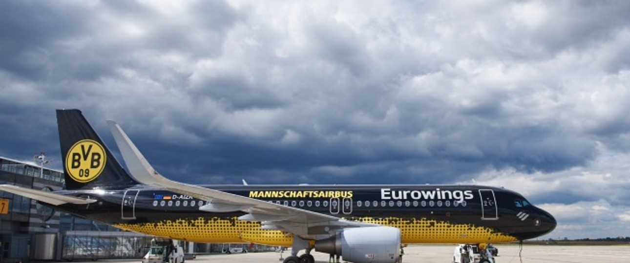BVB-Flieger von Eurowings: Zum Glück war die Partie gegen Sporting Lissabon schon.