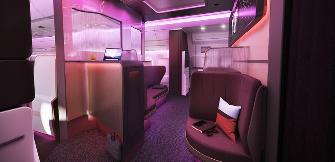 <a href="https://www.aerotelegraph.com/virgin-atlantic-baut-lounge-in-a350">The Loft von Virgin Atlantic</a>, kreiert für den ersten Airbus A350-1000 der Airline, begrüßt im Eingangsbereich zunächst alle Passagiere mit stimmungsvollem Licht und verwandelt sich während des Fluges in einen Lounge- und Barbereich für die höheren Buchungsklassen.