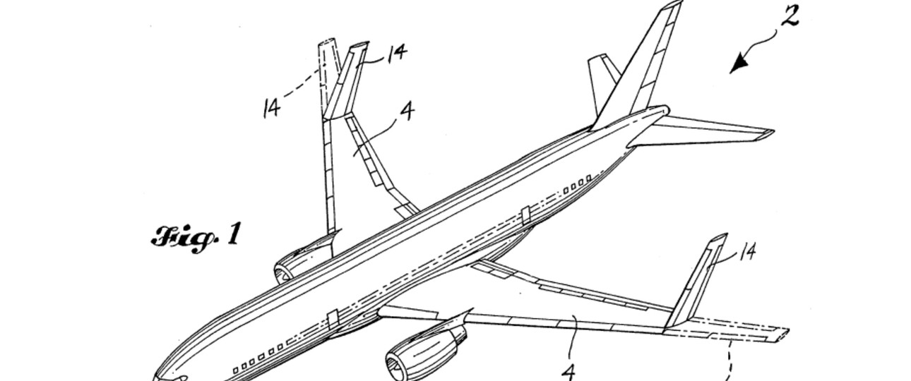 Zeichnung aus den 1990er-Jahren: Boeing sicherte sich ein Patent für einklappbare Flügelspitzen. Damals konnte sich aber kein Kunde dafür begeistern.