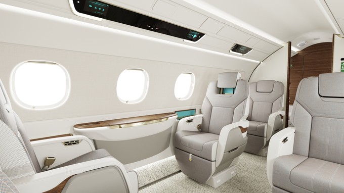 Ein Blick in die neue Kabine der Praetor 500E. Das Flugzeug bekommt ein modernes Design und neue Sitze.