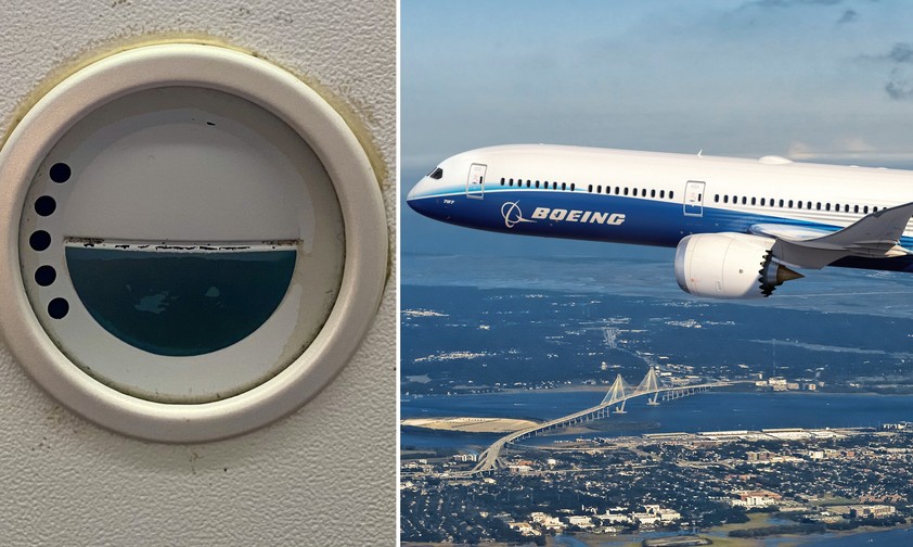 Links ein Knopf zur Bedienung der Fenster in einer Boeing 787 von Etihad, rechts ein Boeing-Testflieger: Die Fenster werden elektronisch gedimmt.