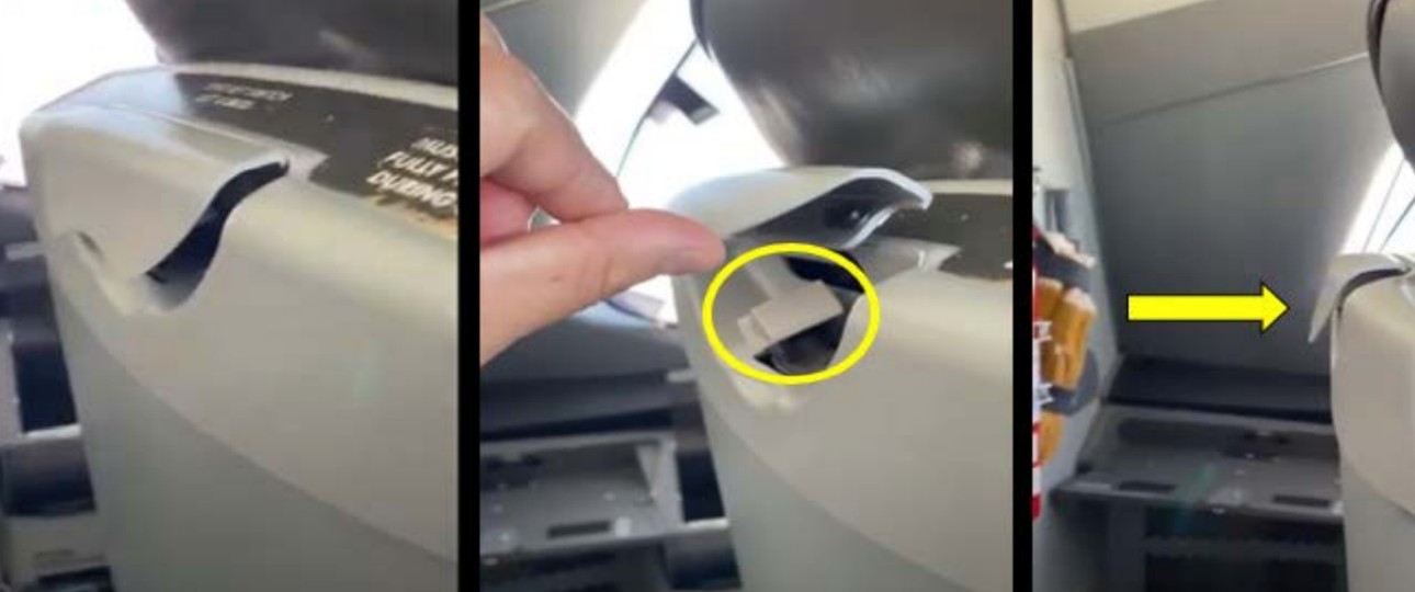 Der linke Sitz im Cockpit der Boeing 787 von Latam: Zu sehen ist, dass sich der Schutz (gelber Pfeil) über dem Schalter samt Schalterkappe (Kreis) nicht ganz schließen lässt.