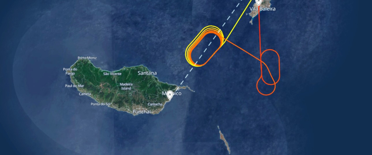 Viele Runden gedreht: Condor-Flug DE1414 von Düsseldorf nach Funchal - umgeleitet nach Porto Santo am 15. August 2024.