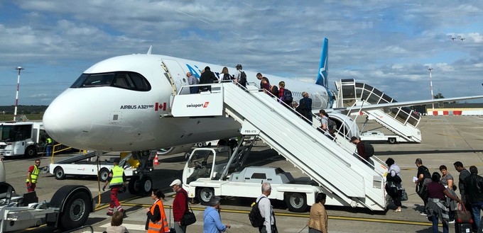 Air Transat fliegt fliegt seit einigen Monaten mit Airbus A321 LR: Einsteigen in Basel.