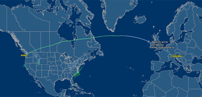Mit der Spezialflugnummer LX7771 wurde die Maschine von Boeings Werksflughafen Paine Field nach Zürich überführt.