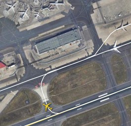 Der A340 (in Gelb), wie er von der Piste rollt: Erst im zweiten Versuch startete er.