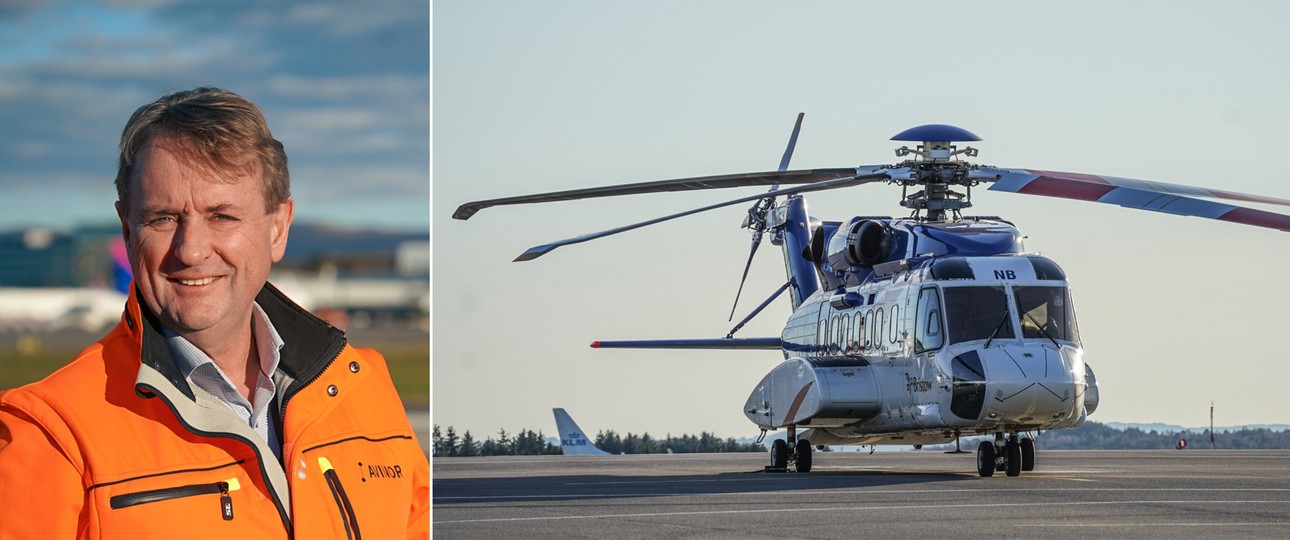 Flughafen-Bergen-Chef Helge Eidsnes und ein Hubschrauber: Wichtig für seinen Airport.