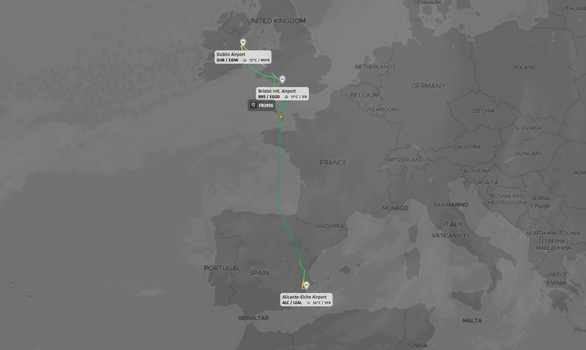Flugverlauf von FR2955: Der Flug landete nach acht stunden wieder in Alicante.