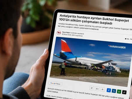 Superjet 100 von Azimuth Airlines wird zerlegt: Er steht seit einem Triebwerksbrand im November 2024 am Flughafen Antalya.