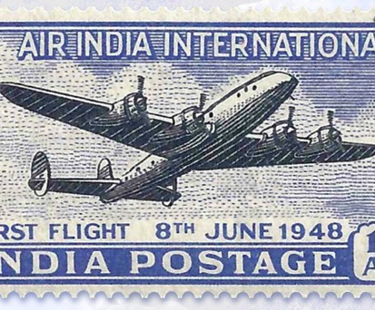 Briefmarke zum  internationalen Erstflugs von Air India 1948: Das eingesetzte ...