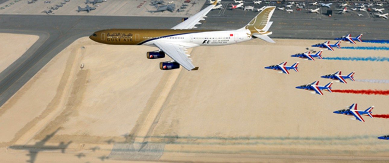 Airbus A340-300 von Gulf Air an einer Flugschau: Die Airline ist wirtschaftlich angeschlagen.