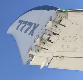 Hochgeklappte Flügelspitze einer Boeing 777X: Hat sie das Interesse von United geweckt?