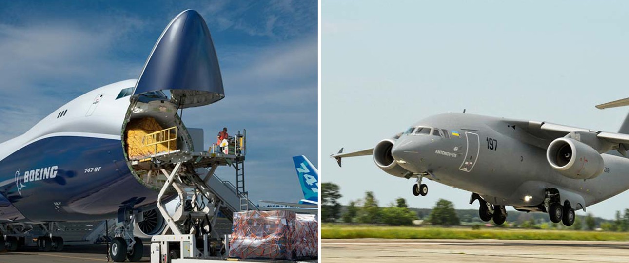 Boeing 747-8F (links) und Antonov An-148: Boeing-Tochter unterstützt Antonov bei Logistik und Ersatzteilversorgung.