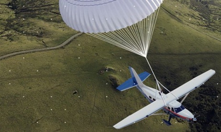 Darstellung des Rettungssystems: Mit Fallschirm zu Boden gleiten.
