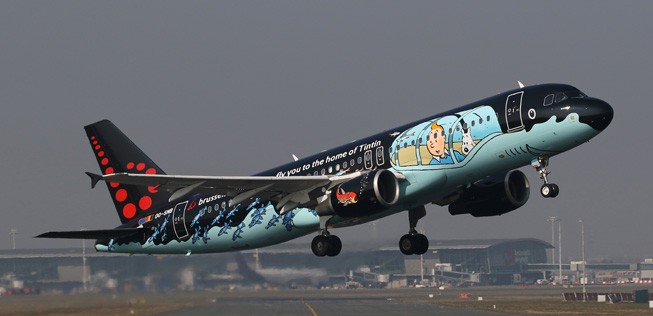 Die anderen Sonderbemalungen von Brussels Airlines: Die legendäre Comicserie Tim und Struppi, gezeichnet und geschrieben vom Belgier Hergé.