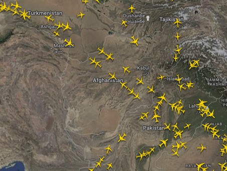 Kaum Flugzeuge über dem Iran, dafür über Afghanistan: Route zwischen Europa nach Asien.