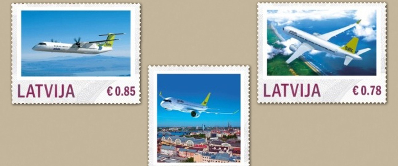 Zwischen 50 und 85 Cent kosten die neuen Briefmarken mit Air-Baltic-Motiv. Die lettische Post würdigt mit der Sonderedition «die besondere Entwicklung der Luftfahrtindustrie in der Region, die von Air Baltic angeführt wurde».
