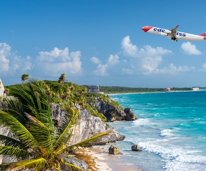 Airbus A340 von Edelweiss über Yukatán: Tulum als Option zur Ergänzung.