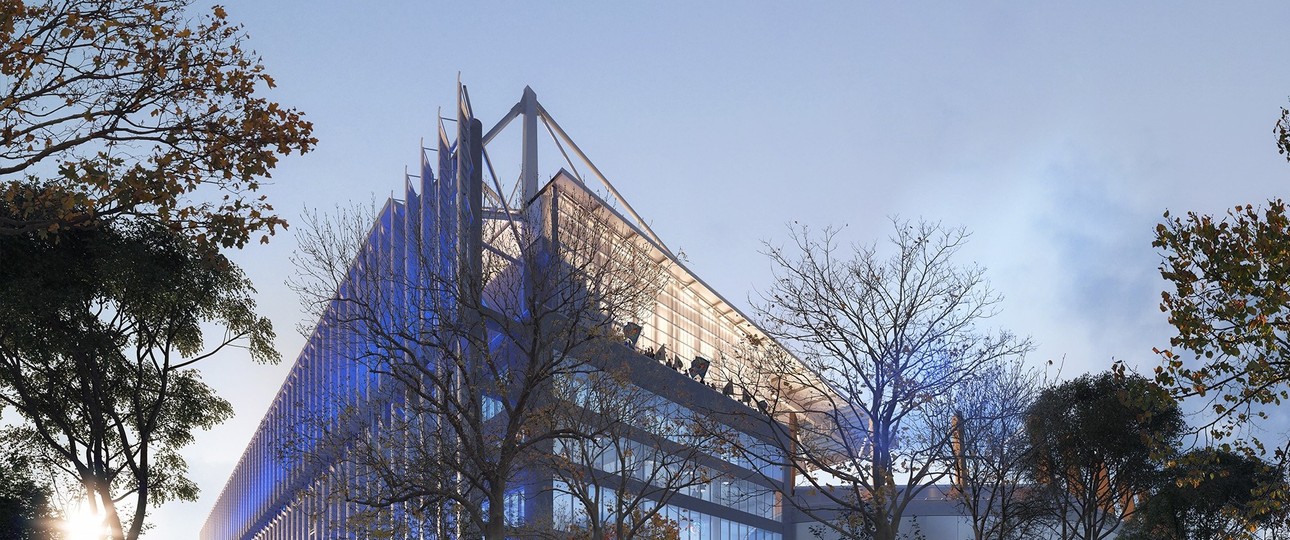 Die Fassade der Südtribüne: Rumpfteile des Airbus A340 schützen vor der Sonne.