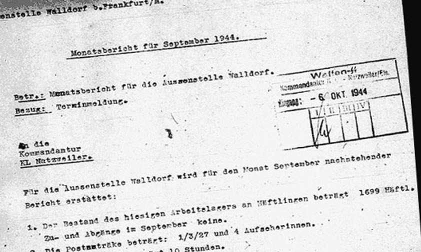 Monatsbericht der Leitung der KZ Außenstelle Walldorf: «Die Arbeiten erstrecken sich auf Rollbahnstrasse».