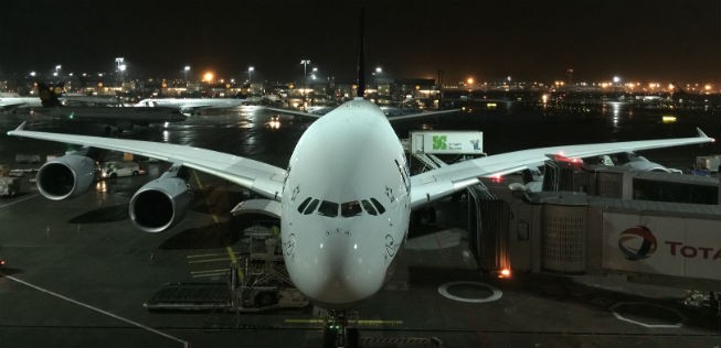 A380 von Lufthansa in Frankfurt.
