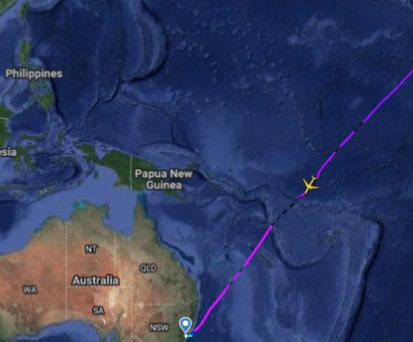 Die Flugroute von Honolulu nach Sydney: Unten vor allem Wasser.