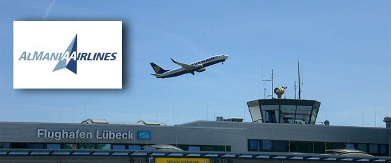 Logo von AA Almania Airlines. Der Flughafen Lübeck ist optimistisch.