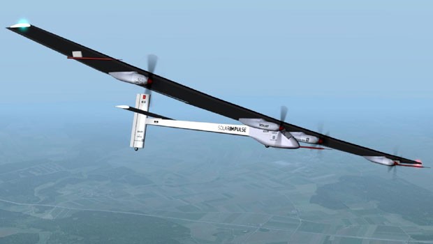 Das Solarflugzeug beim Jungfernflug.