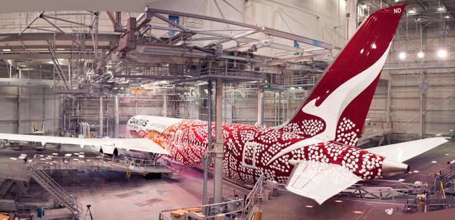 Qantas neueste Boeing 787-9 bei Boeing in Seattle: Hier entstand die neue Bemalung.