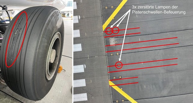 Beschädigter Reifen, spuren und zerstörte Lampen: Ein Airbus A380 von Lufthansa setzte in München zu früh auf.
