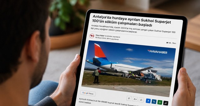 Superjet 100 von Azimuth Airlines wird zerlegt: Er steht seit einem Triebwerksbrand im November 2024 am Flughafen Antalya.