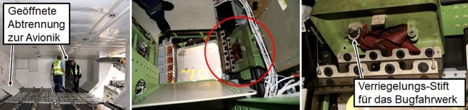 Geöffnete Abtrennung zum Avionikabteil im vorderen Frachtraum und der vergessene Stift.
