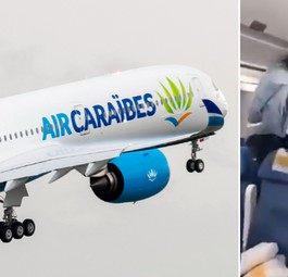 Airbus A350 von Air Caraïbes und Szene von der Prügelei: Haftstrafen drohen.