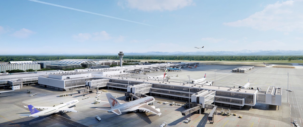 So soll der neue Flugsteig des Terminals 1 nach der Eröffnung 2026 aussehen. Aktuell ...