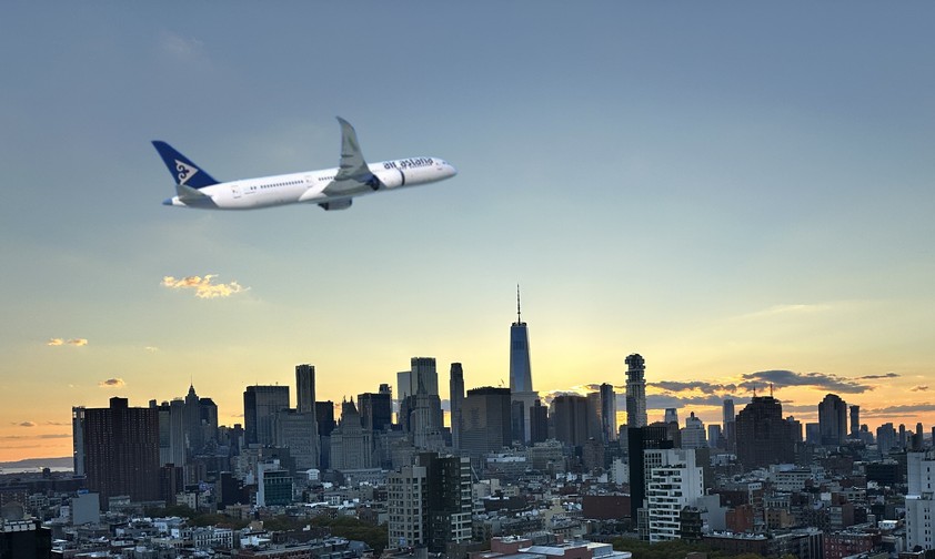 Boeing 787 von Air Astana über New York (Montage): Klappt es 2027?