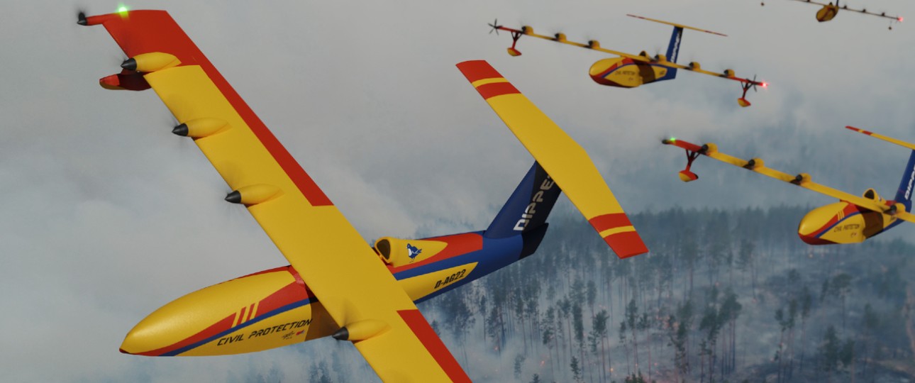 Erfolgreicher Beitrag: Dipper ist ein hybrid-elektrisches Amphibienflugzeug, entworfen vom Team der DHBW Ravensburg. Verteilte elektrische Antriebe durch sechs gegenläufige Propeller entlang der Spannweite sowie zwei Propeller an den Flügelspitzen steigern die aerodynamischen Eigenschaften. Diese Konfiguration erlaubt kurze Strecken für Start, Landung und Wasseraufnahme auf Wasserfreiflächen. Die Luftfahrzeugflotte besteht aus sechs Vehikeln, die über die zusätzlich entwickelte Software Aegis ferngesteuert, koordiniert und überwacht werden. Das Flugzeug kann zudem als Transport- oder Forschungsflugzeug in entlegenen und rauen Gebieten eingesetzt werden. Darüber hinaus ist auch eine Umrüstung für humanitäre Missionen nach Naturkatastrophen möglich.