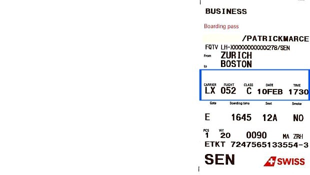 Und hier wiederholen sich die Daten. Der Carrier-Code «LX» für Swiss, die Flugnummer «052», die Business-Class-Tarifklasse «C» sowie das Abflugdatum. Dass der Flug um 17.30 abfliegt, wird hier ebenfalls aufgeführt.