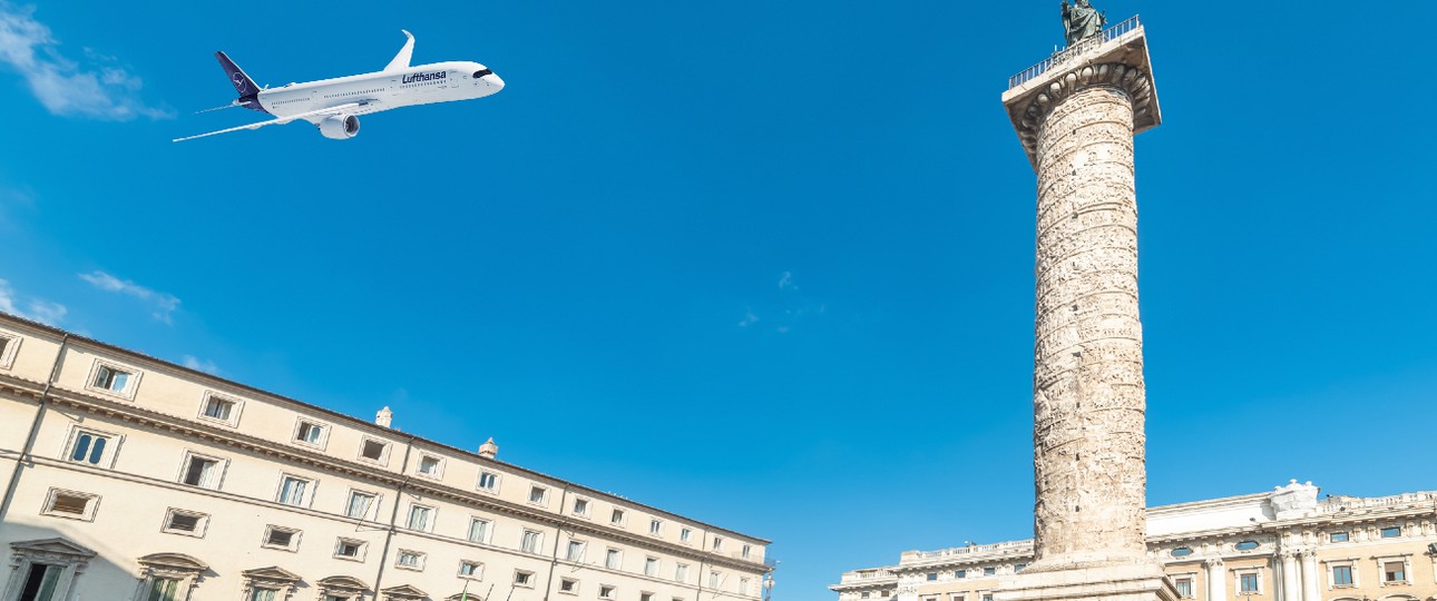 Airbus A350 von Lufthansa über dem Palazzo Chigi: Jetzt ist die neue Regierung Italiens am Zug.