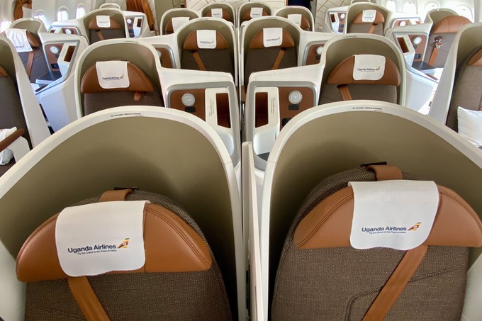 Blick in die Business Class im Airbus A330-800 von Uganda Airlines: Hier gibt es 20 Plätze, hinzu kommen  28 in der Premium Economy und 10 in der Economy Class.