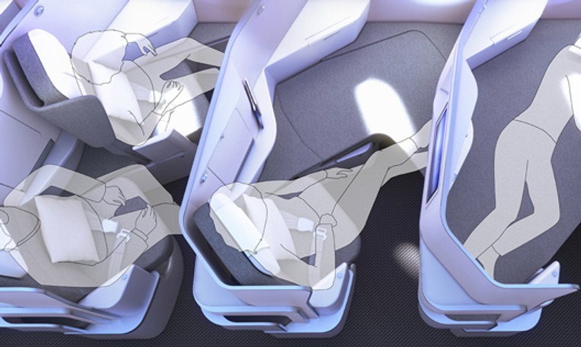 Eine Visualisierung des Sitzkonzepts Butterfly: Links die Variante Premium Economy, in der Mitte und rechts Business Class.
