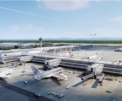 So soll der neue Flugsteig des Terminals 1 nach der Eröffnung 2026 aussehen. Aktuell ...