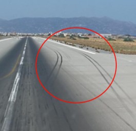 Gummiabriebspuren durch den Startabbruch auf Piste 27 in Heraklion.
