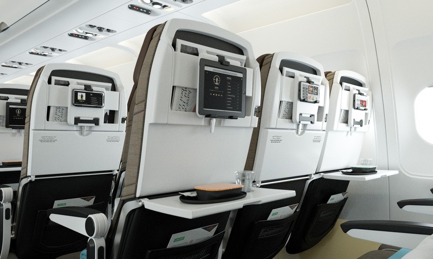 Neue Sitze von Etihad: Keine Bildschirme, dafür Tablethalter.