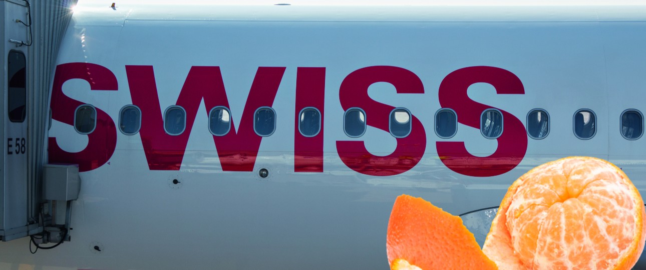 Airbus A320 von Swiss und eine Mandarine: Bitte nicht heimlich essen.