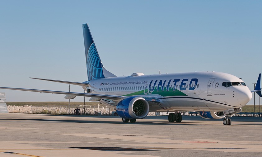 Boeing 737 Max: Dieses Flugzeug von United durfte mit 50 Prozent Biokerosin fliegen.