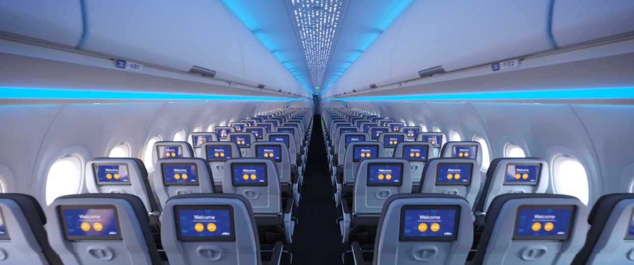 Die neue Kabine von Jetblue: Im A321 LR haben die Passagiere in der Economy Class 32 Zoll Beinfreiheit.