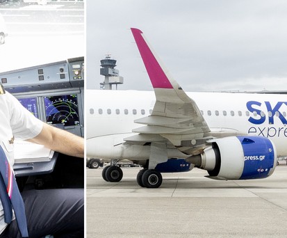 Konstantinos Iliakis und ein Sky-Express-Jet in Düsseldorf: Der Airline-Chef steuerte den Erstflug selbst.