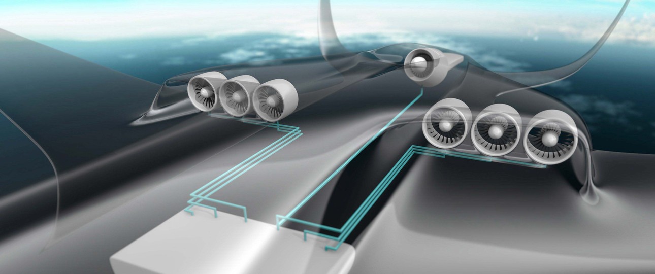 Konzeptgrafik eines Elektrohybridantriebs: Radikale Änderung des Flugzeuges.