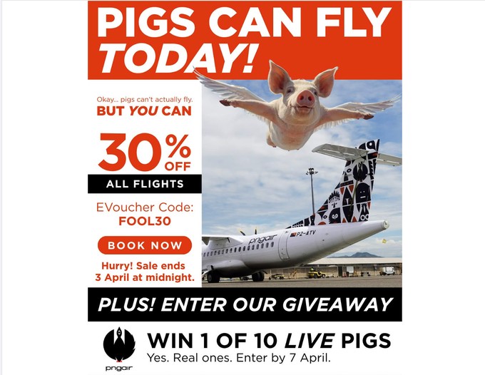 PNG Air hat auf Facebook verkündet, dass Schweine fliegen können – und verlost passend dazu zehn Ferkel. Zur Teilnahme müssen Interessierte einen Flug buchen und der Airline auf Facebook folgen. Tatsächlich hat die papua-neuguineische Fluggesellschaft den 1. April mit einer 30-Prozent-Rabatt-Aktion verknüpft.